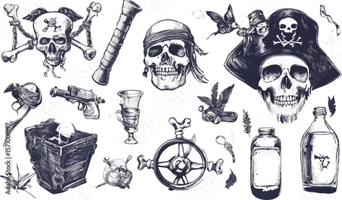 Pirate themed vector illustration with skulls bones and various objects