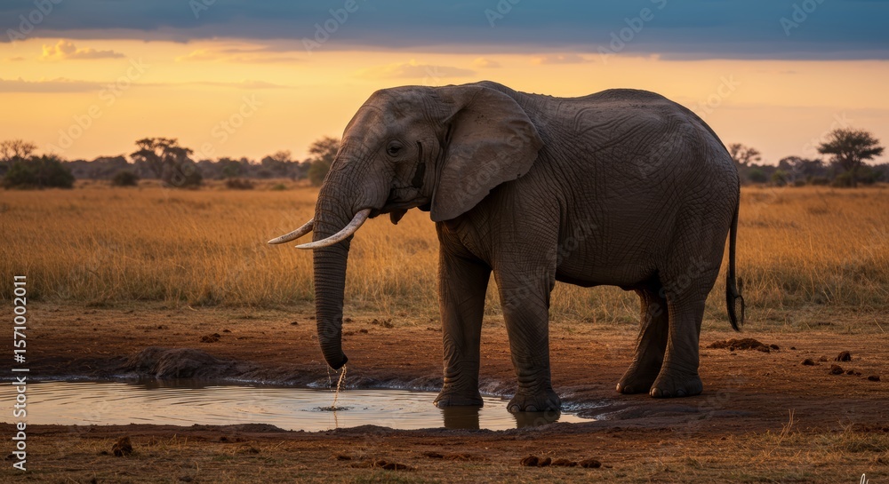 Fototapeta premium African Elephant at Sunset Drinking Water