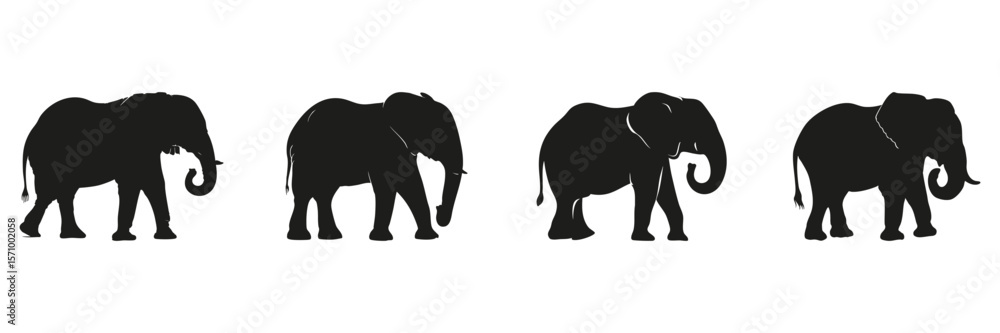 Obraz premium Elephant Silhouettes In Solid Icon Set. Wildlife Observation And Nature Conservation Symbol Collection. Environmental And Educational Use. Isolated Vector Illustration