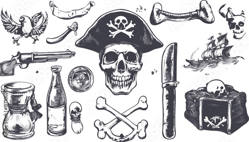 Pirate Themed Vector Illustration with Skull Bones Ship and Treasure Chest