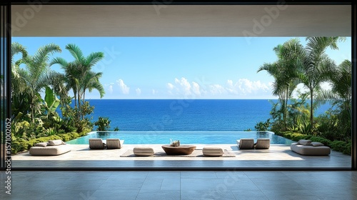 Ocean view from an open-air, lavish indoor-outdoor living space with a pool and tropical foliage