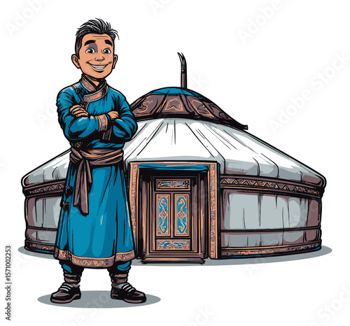 Cartoon Character in Traditional Clothing Next to a Yurt in Vector Style