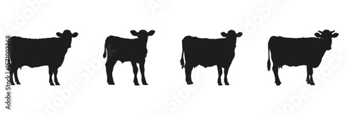 Cow Silhouettes In Solid Icon Set. Livestock Farming And Agricultural Symbol Collection. Environmental And Educational Use. Isolated Vector Illustration