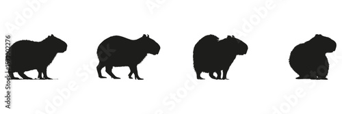 Capybara Silhouettes In Solid Icon Set. Wildlife Observation And Nature Study Symbol Collection. Environmental And Educational Use. Isolated Vector Illustration