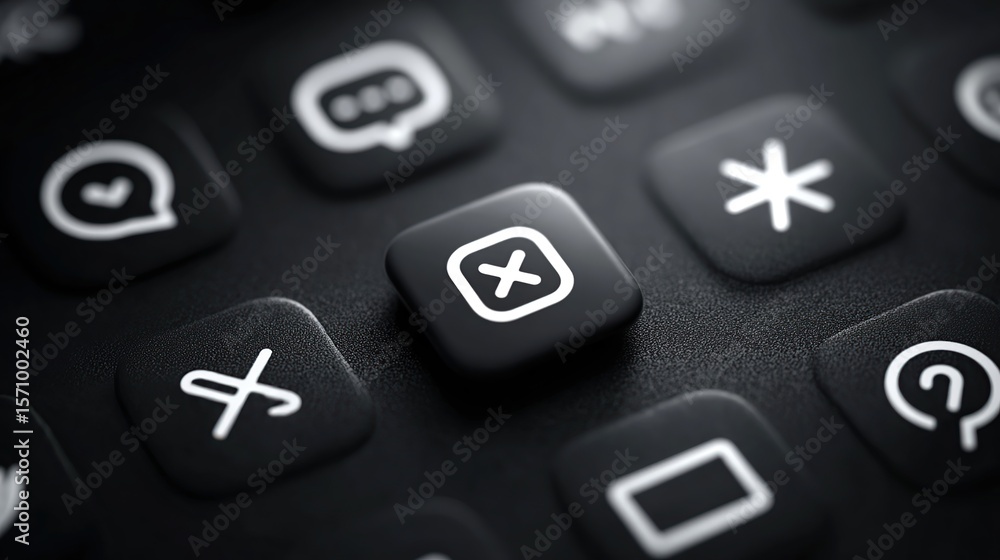 Close-up of black keyboard with white icon buttons: Cancel, Messages, Question, Asterisk Close-up of black keyboard with white icon buttons: Cancel, Messages, Question, Asterisk