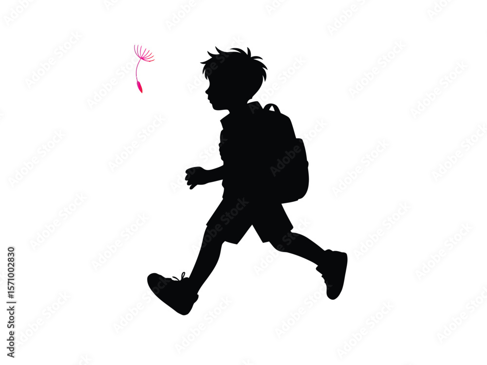 Naklejka premium Silhouette of Schoolboy Walking with Backpack