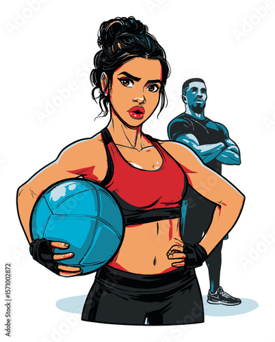 Dynamic Vector Illustration of Fitness Woman with Exercise Ball and Man