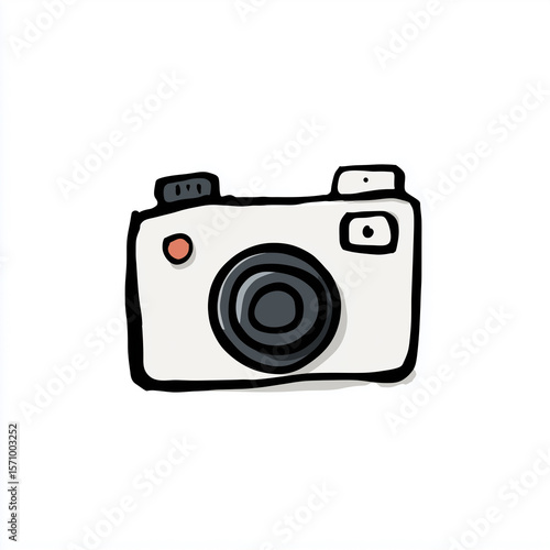Simple hand-drawn camera doodle depicting a classic design with flash and lens on white background