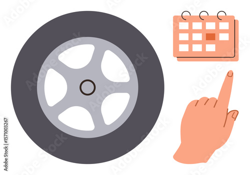Car wheel paired with a calendar and pointing hand gesture indicates timely scheduling for auto maintenance. Ideal for organization, transportation, reminders, planning, repairs, time management