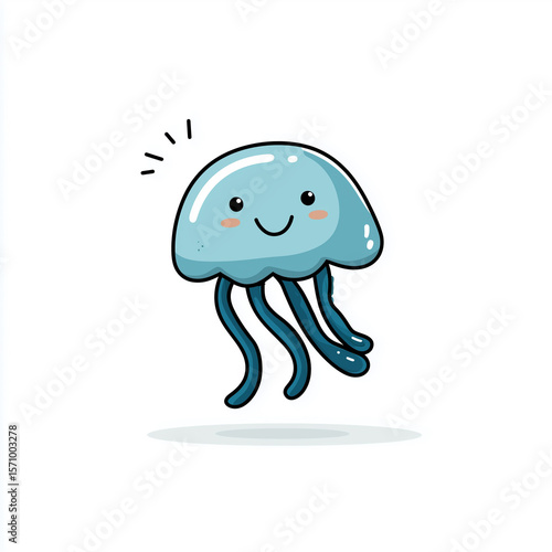 Cute smiling jellyfish with tentacles in a hand-drawn doodle style on white background