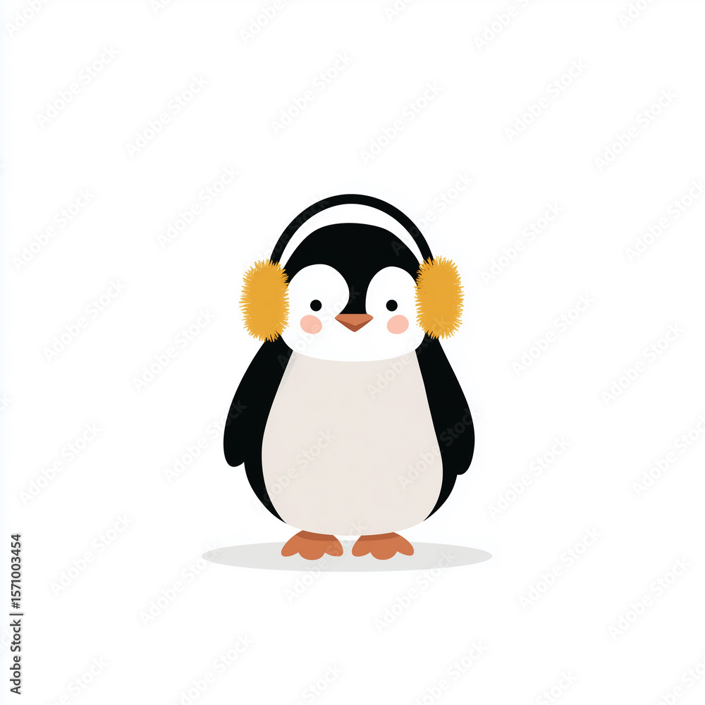 Fototapeta premium Cute little penguin wearing earmuffs in a whimsical doodle style on a white background