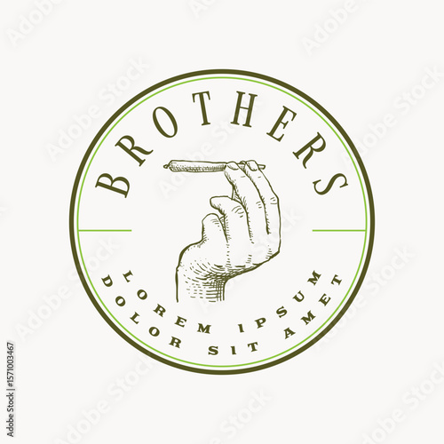 Hand holding and showing a cannabis roll weed joint or marijuana roll hand drawn illustration retro vintage logo emblem circle shape label