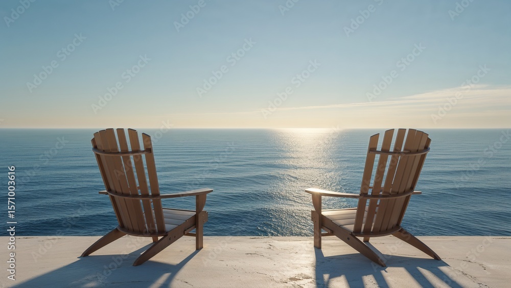 Fototapeta premium Displaying wooden Adirondack chairs facing calm ocean water on white deck, with sunrise reflection