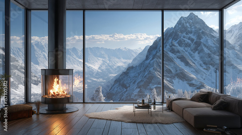 Mountain chalet with a panoramic view and a freestanding fireplace in front of a glass wall, snow-covered peaks outside.