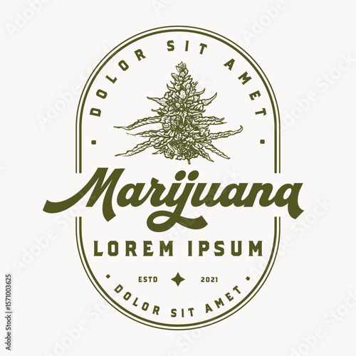 Vintage style logo design of hand drawn cannabis flower bud. Illustration label of grass hemp wild plant emblem marijuana product