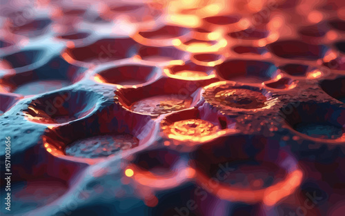 Close-up of an abstract honeycomb structure with geometric patterns and artistic texture in warm tones.
