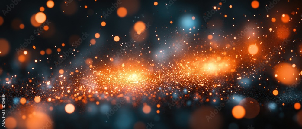 Fototapeta premium Abstract image with orange light specks on a blue dark backdrop, resembling stardust and bokeh effect