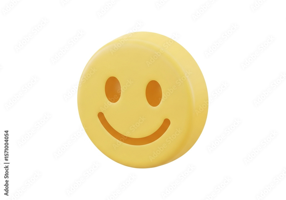 Fototapeta premium A bright yellow smiling face button conveying positivity and joy, set against a clean white background.