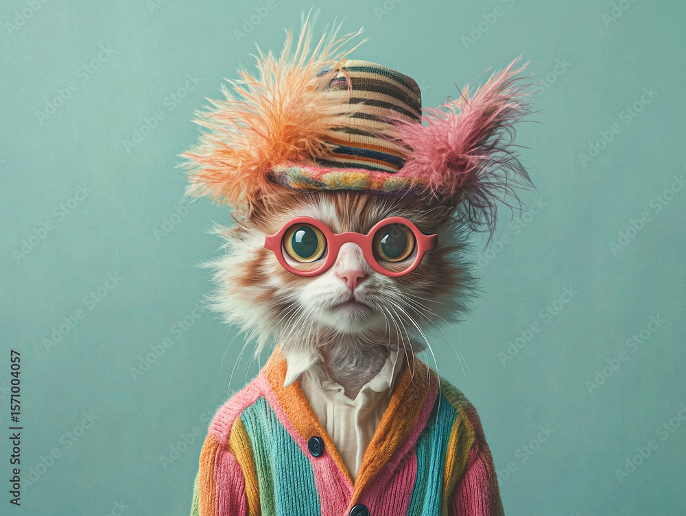 Obraz premium Stylish Cat in Colorful Outfit Wearing Glasses and Trendy Hat