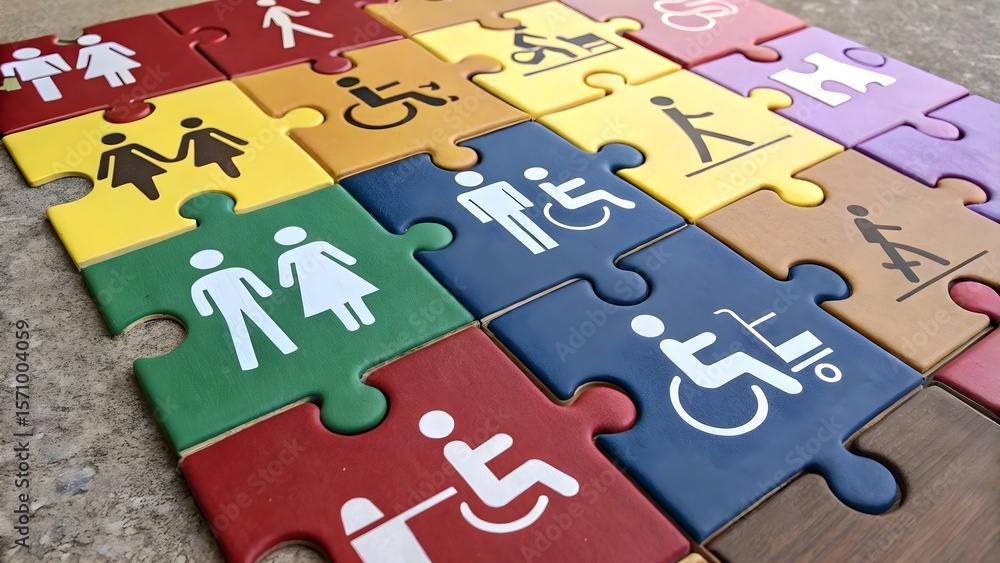 Obraz premium Colorful Puzzle Showing Inclusion and Human Rights Icons – Unity Concept
