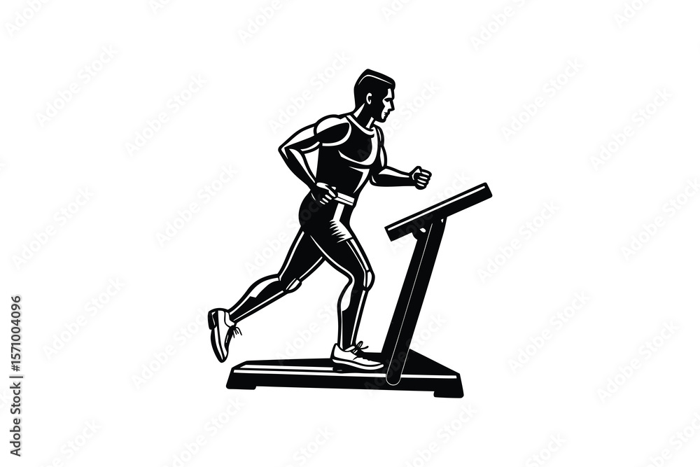 Black and White Illustration of Man Running on Treadmill for Fitness Black and White Illustration of Man Running on Treadmill for Fitness