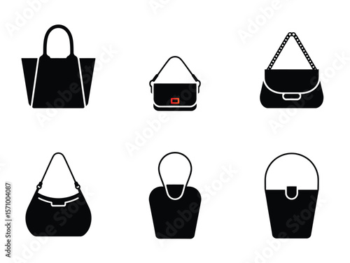 six black silhouettes of various women's bags isolated on white background