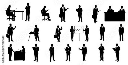 Group of business silhouettes display office scenes, meetings, and professional work, representing various work tasks in a corporate setting.