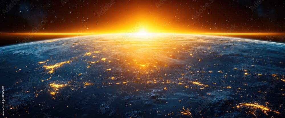Fototapeta premium Earth from space view with bright city lights and sun rising over the horizon