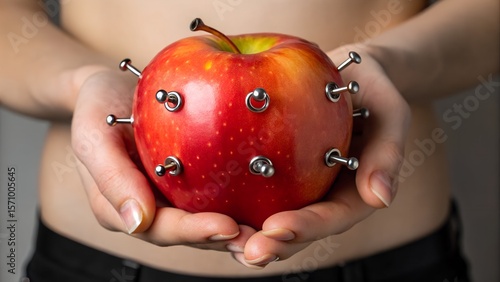 Closeup of Hands Holding a Pierced Red Apple Body Modification Concept