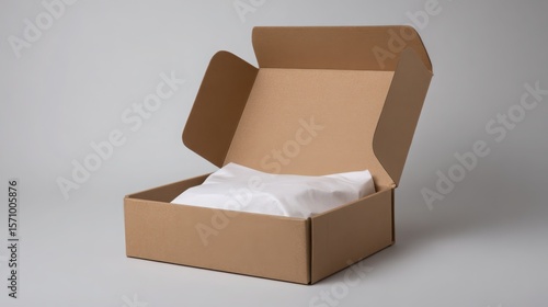 Open Cardboard Box with White Tissue Paper on Gray Background