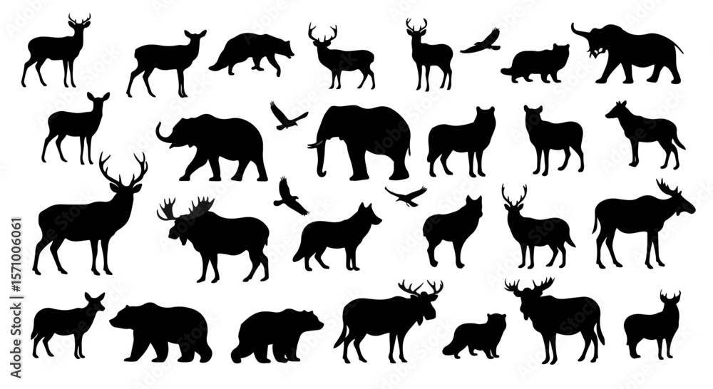 Fototapeta premium Silhouettes of diverse wildlife present iconic mammals and soaring birds in stark black contrast against a white background.