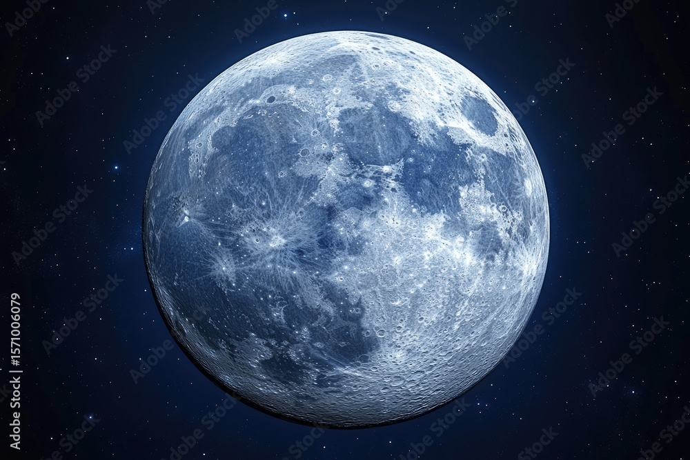 Obraz premium A large blue moon, detailed surface, against a dark starry night, evokes a serene, cosmic atmosphere
