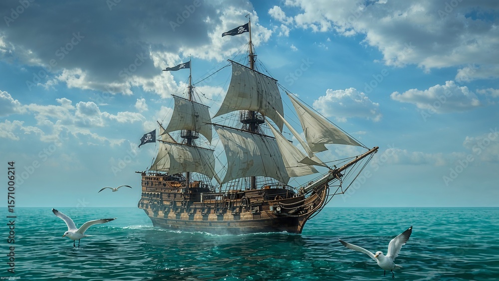 Naklejka premium Sailing three-masted wooden pirate ship through calm waters, billowing sails and flying seagulls