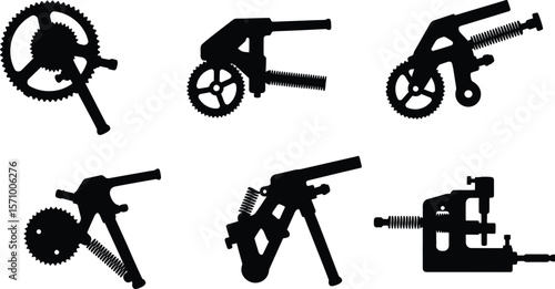 Vintage Mechanical Devices and Industrial Tools Vector Collection: Abstract Machinery, Gears, and Lever Silhouettes for Engineering and Steampunk Designs.