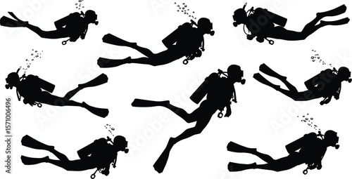 Scuba divers cad drawing flat vector illustration, seven underwater silhouettes swimming with tanks and fins, front view aquatic motion layoutScuba divers cad drawing flat vector illustration, 