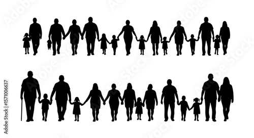 Diverse family groups walk holding hands, showcasing unity, connection, and the bond between parents and their children, silhouette