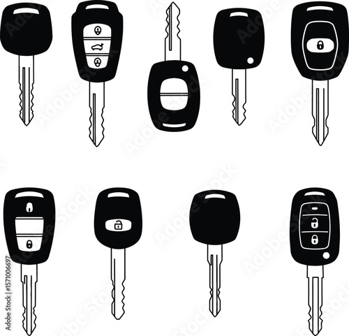 Assortment of Modern Car Keys and Remote Fob Silhouettes: Vehicle Ignition, Keyless Entry, and Security Icons for Automotive and Transportation Designs.