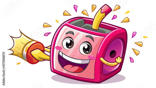 A cheerful pink sharpener with a big grin swirls its blade safely. It happily catches pencil shavings, ready to help sharpen minds and keep creativity flowing in class.