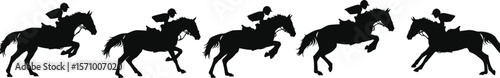 Silhouette horse rider jumping sequence, equestrian motion vector, racing horse gallop, cad drawing flat vector illustration, black silhouetteSilhouette horse rider jumping sequence,