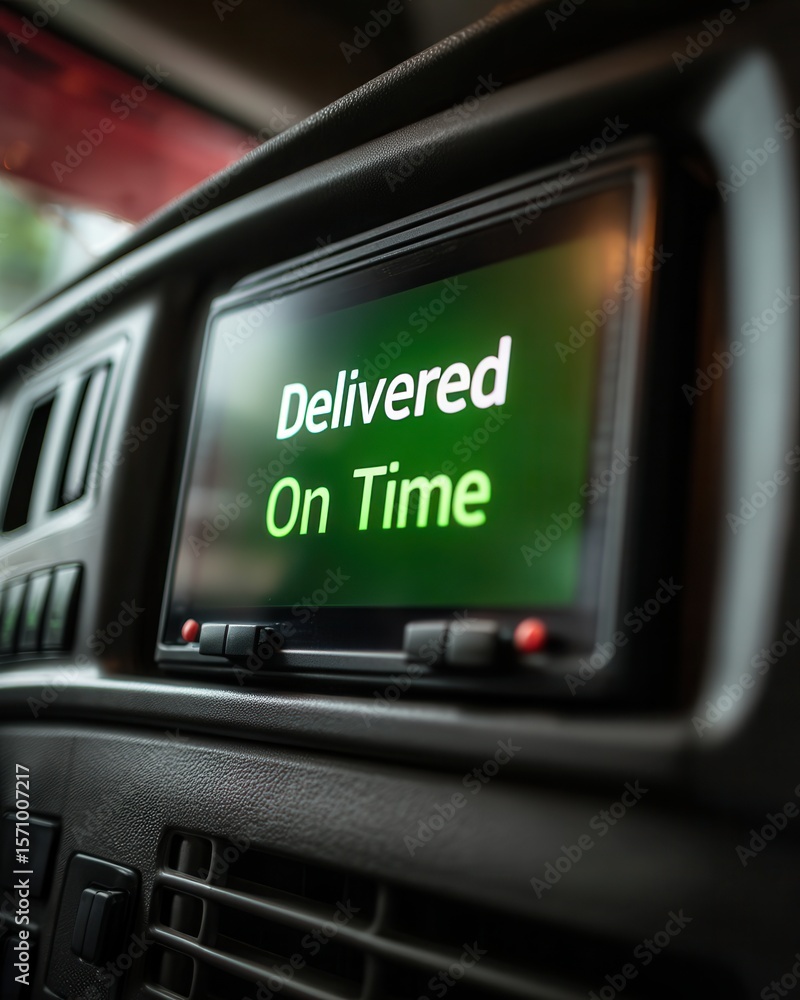 Obraz premium Logistics Time Management Concepts. A car dashboard screen displaying the message 