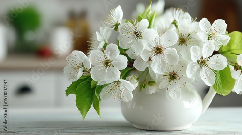 White blossoms in a vase, airy bright kitchen