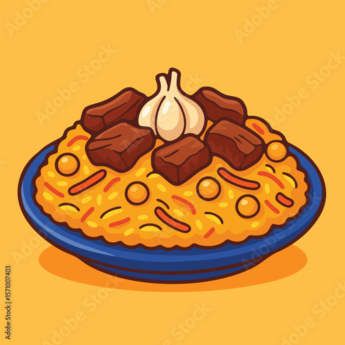 Colorful cartoon-style vector illustration of Uzbek plov (rice pilaf) with meat chunks, chickpeas, carrots, and garlic. Perfect for children’s menus, cultural cookbooks, or food-related designs.

