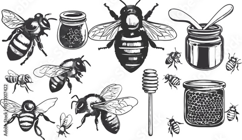 Black and White Illustration of Bees and Honey Jars