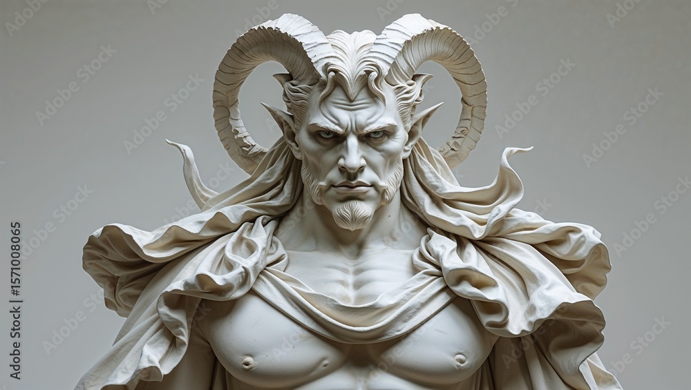 Obraz premium Showcasing marble sculpture bust in art gallery, with large curved horns and billowing cloak
