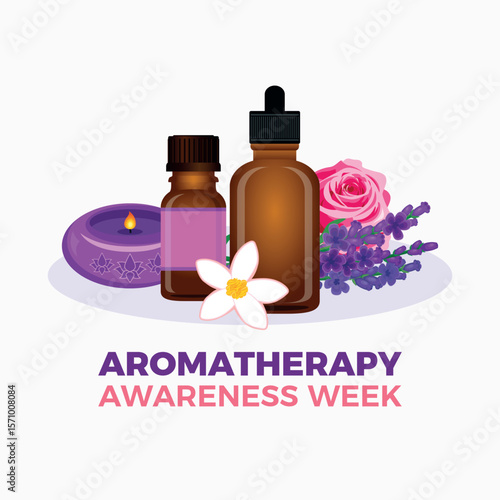 Aromatherapy Awareness Week poster vector illustration. Essential oil bottle, candle, lavender and rose vector. Fragrance oil vial drawing. Template for background, banner, card. Every year in June