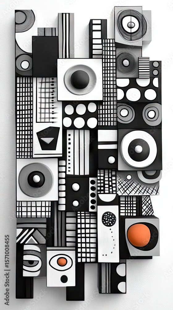 Obraz premium Abstract monochrome block composition with circles, lines, and texture on a white background