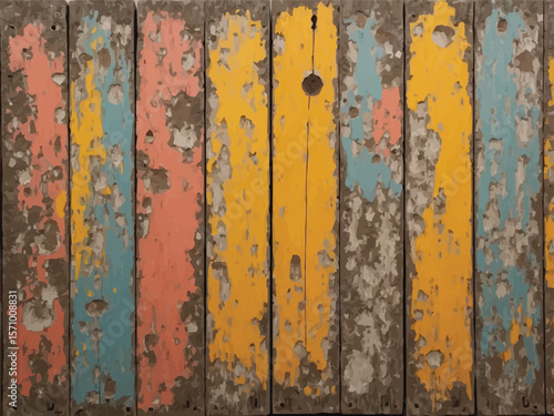 Weathered wooden surface with peeling yellow, blue, and reddish-orange paint, showing rustic, aged texture.
