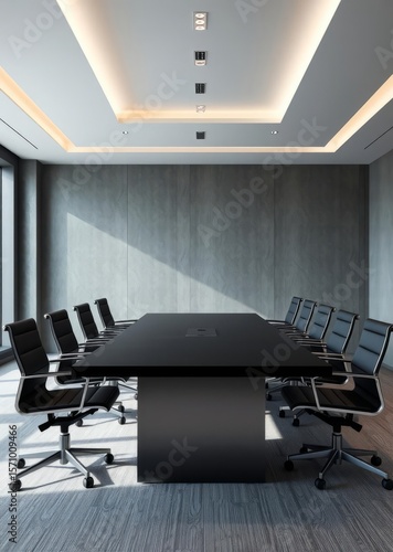 Wallpaper Mural Black conference table with chairs in gray boardroom Empty room interior design architecture blank design room Torontodigital.ca