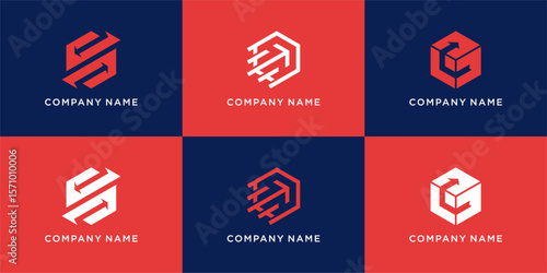 Set of arrow box logo design with hexagon shape