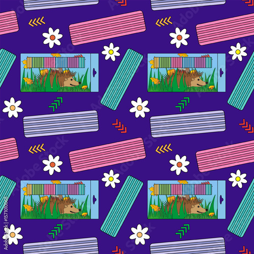 Colorful seamless pattern with plasticine bars, flower elements, and hedgehog themed packaging. For back to school theme, school or office supplies, stationery design, textile print, wrapping paper.